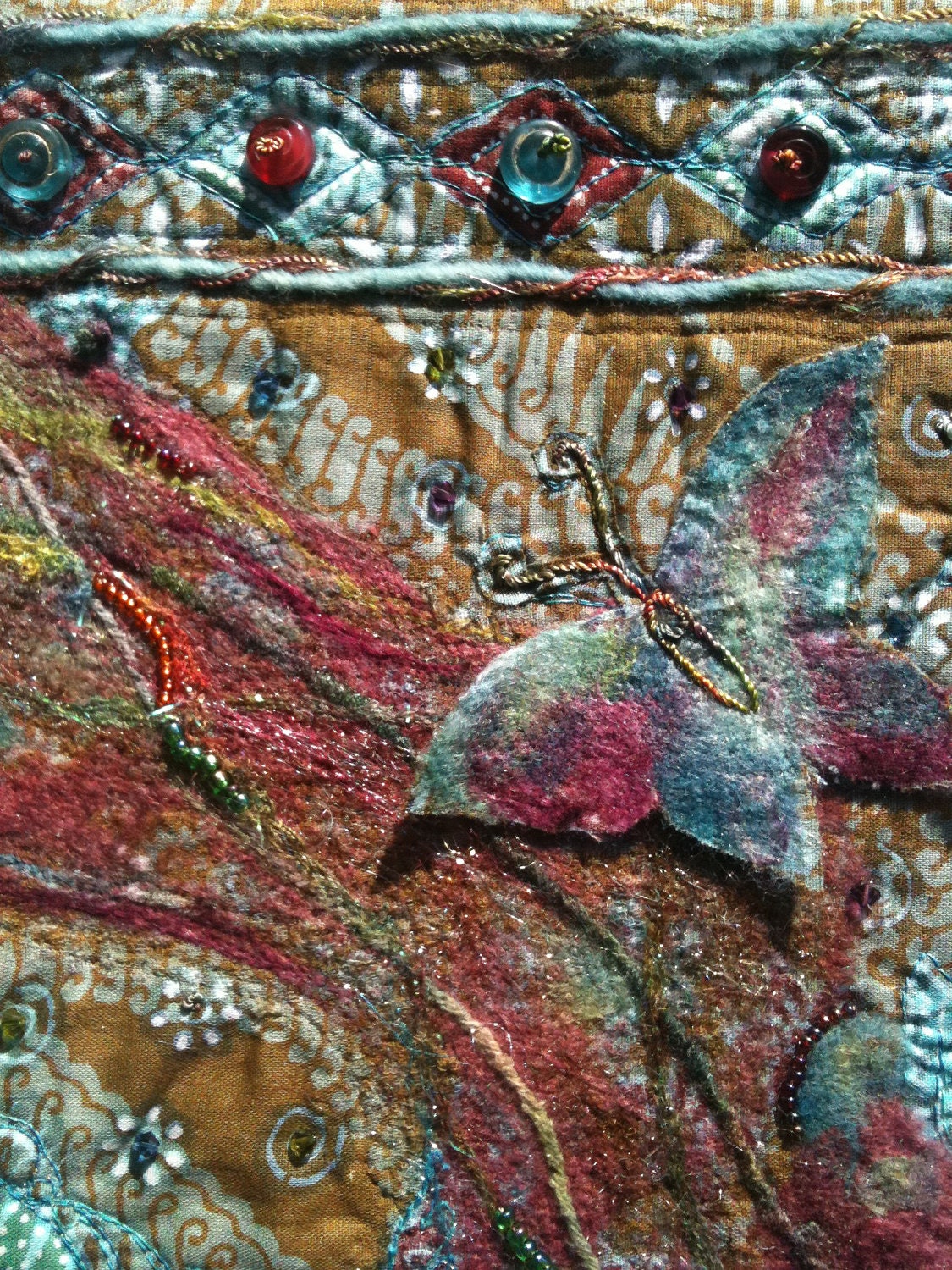 Spring Sale Mixed Media Fiber Art - Quilted Batik with Needle Felting and Beads