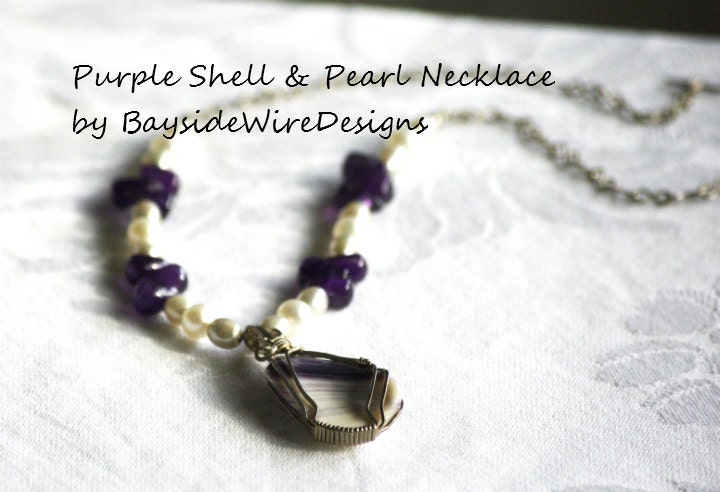 Beachy Purple Shell Amethyst and Pearl Necklace Handmade Wire Work Sterling Silver Gift for Her Free Shipping