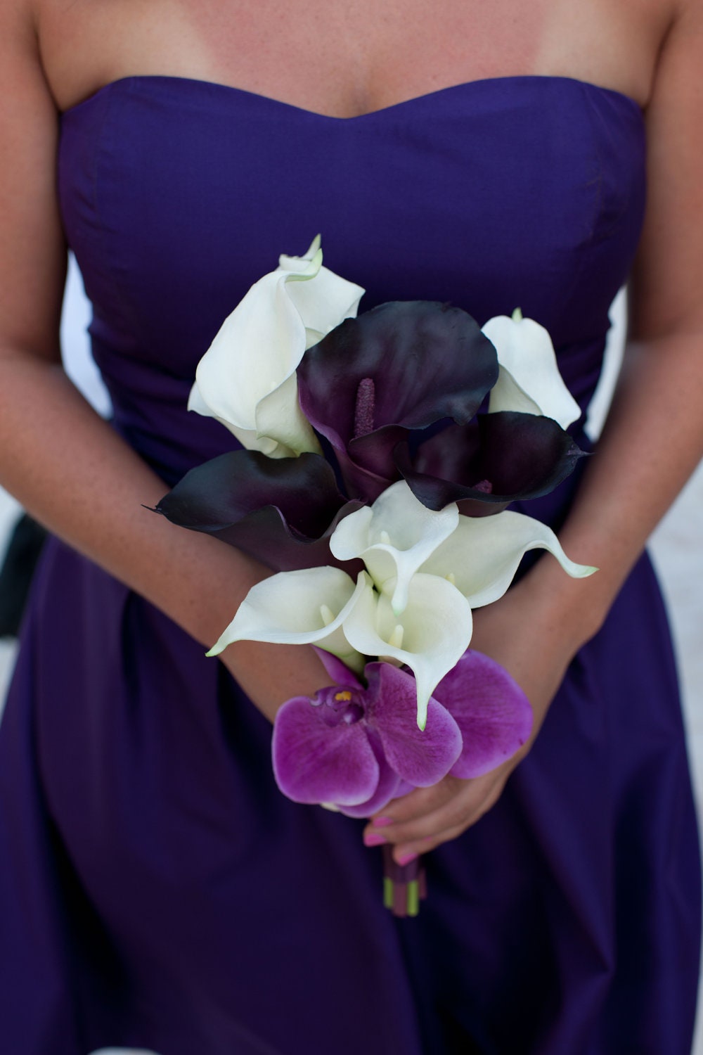Plum and Fuchsia Orchid and Calla Lily Bouquet - Tropical Real Touch Wedding Bouquet