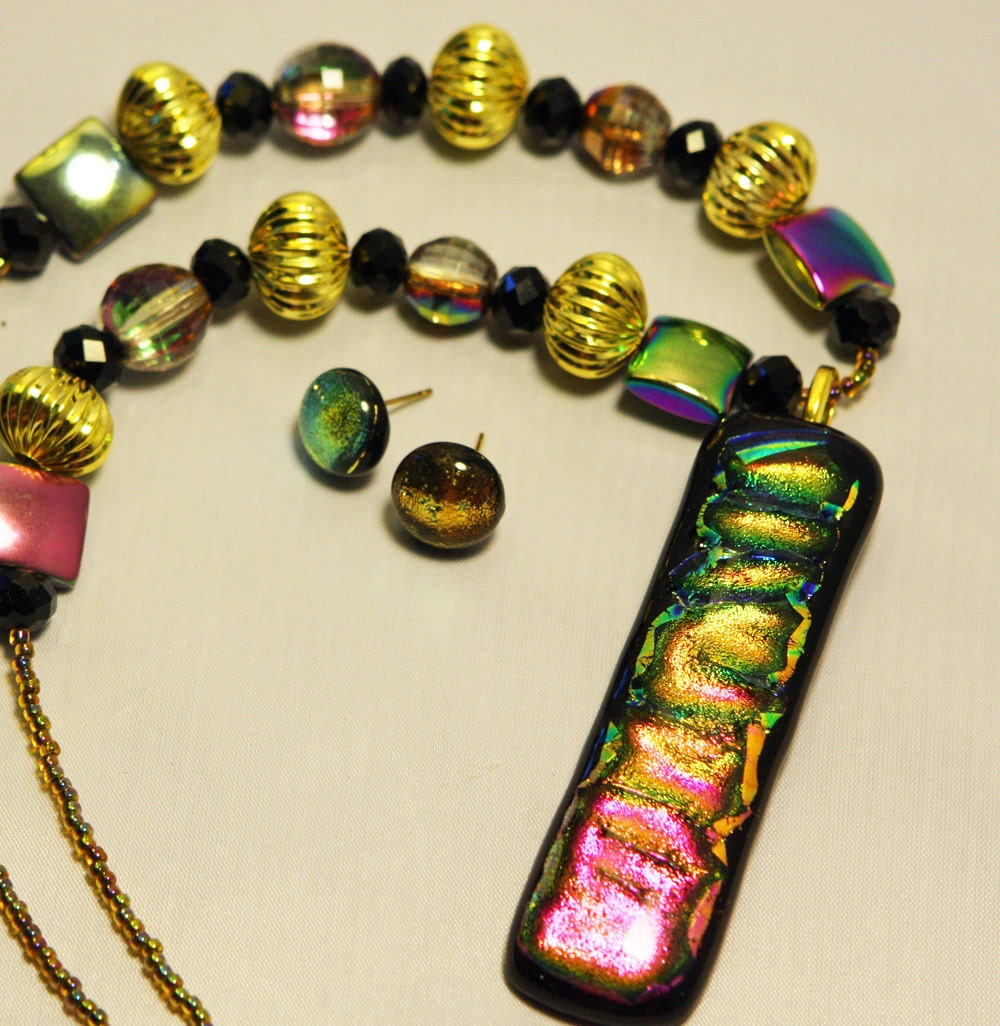 Pink and Gold Dichroic Glass Necklace Set