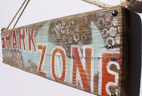 Shark Zone Beach Sign Burnt Orange White Turquoise Design on Distressed Wood Coastal Beach Surf Nursery Boy Girl Beach Cottage Style Decor