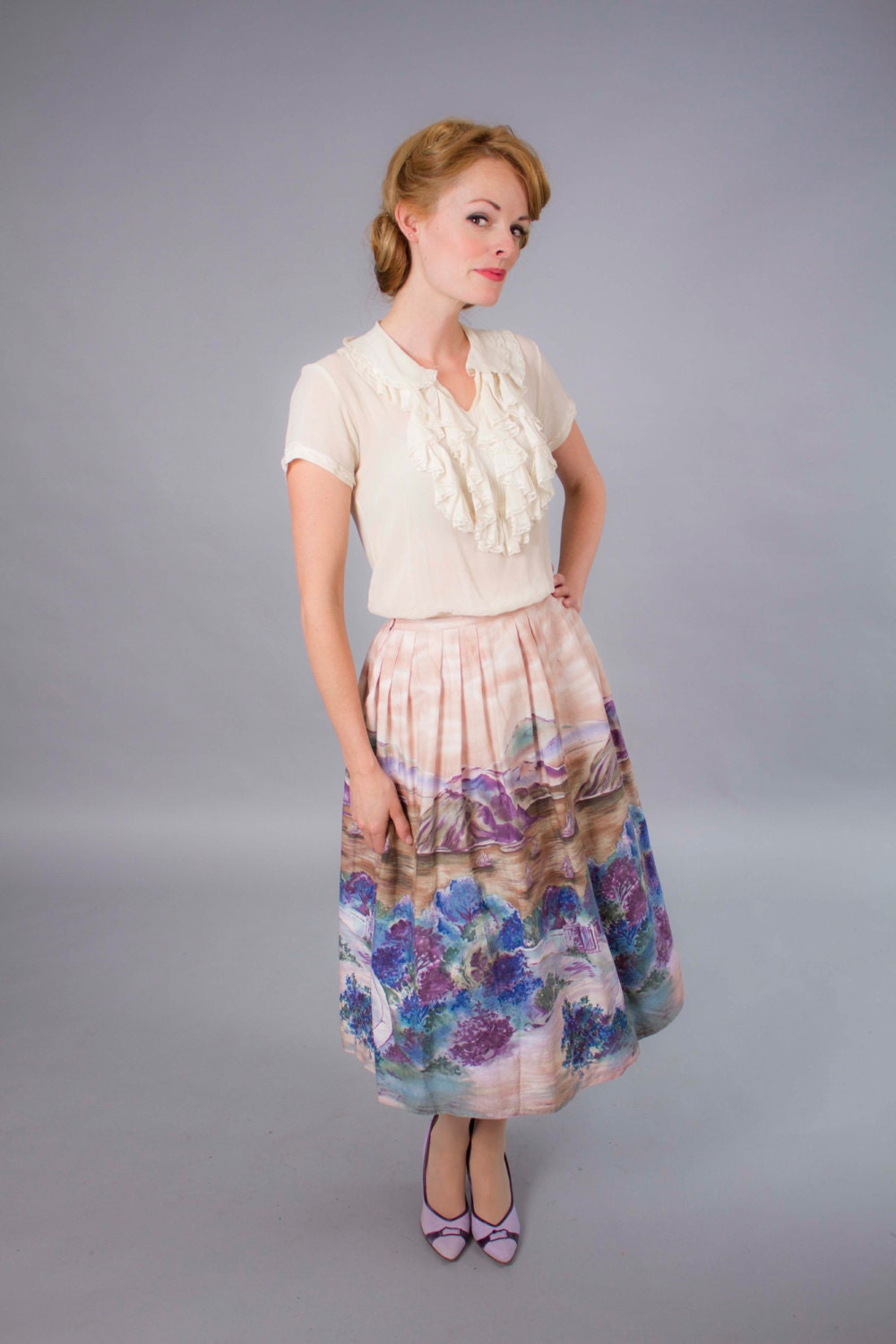 1950s skirt . 50s novelty print cotton skirt . nautical print . watercolor print