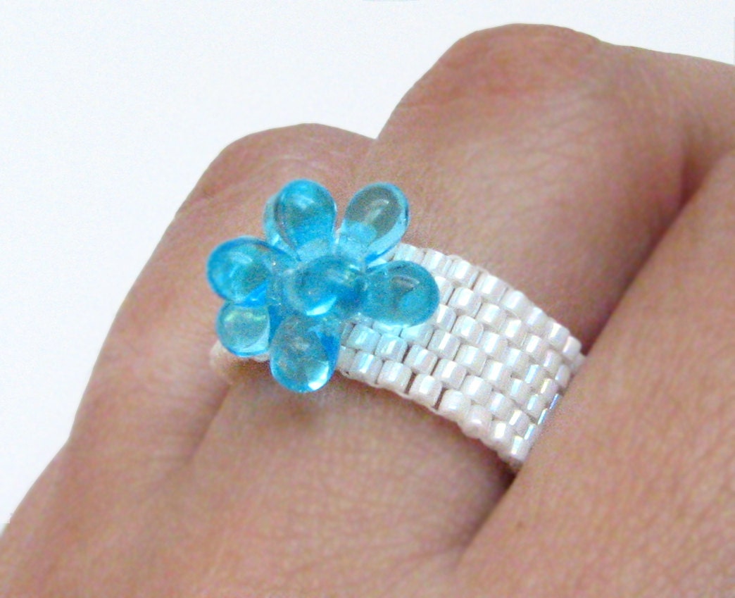 Flower Power ring -  delica beads, blue teardrops, peyote, delicate, custom size
