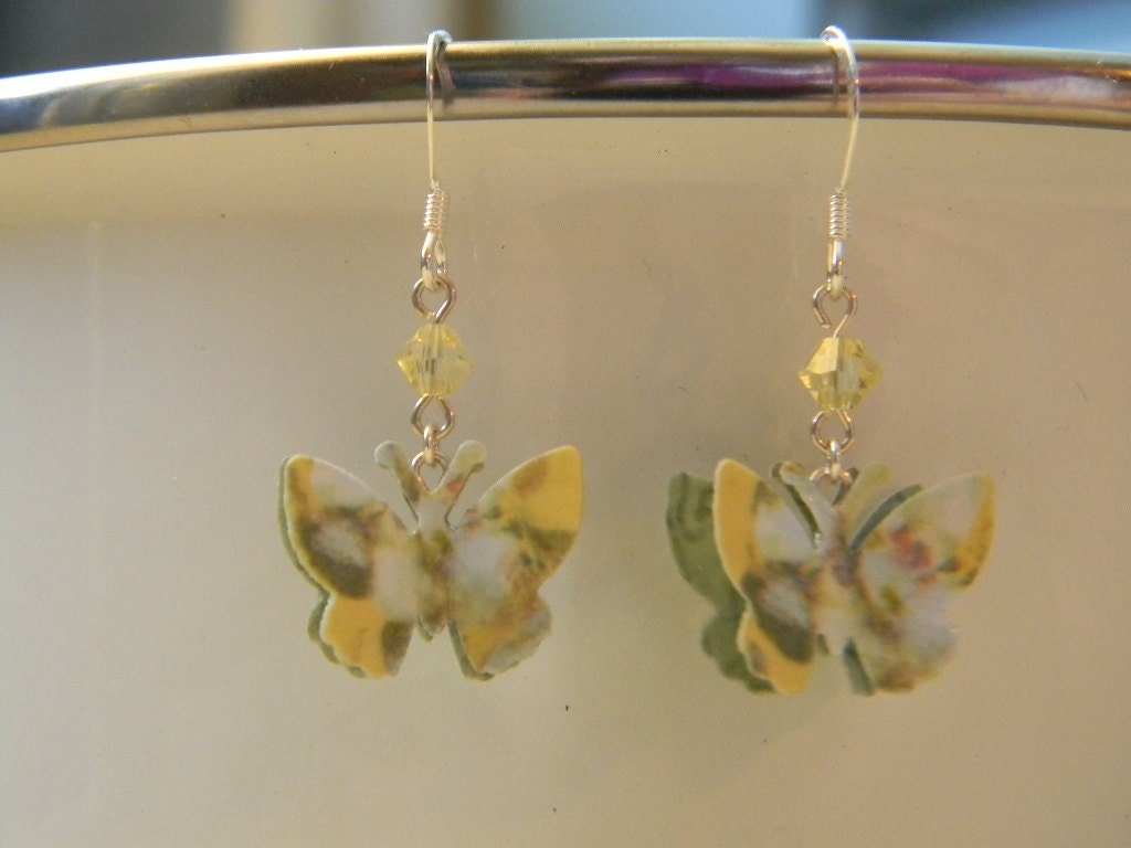 Butterfly Paper Earrings - Yellow, Blue, and Green Butterfly Earrings with Yellow Swarovski Crystals