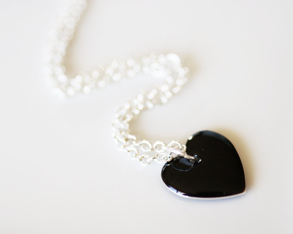 CLEARANCE Black Heart Necklace - Jet Black Silver Plated Heart Shaped Drop on Silver Plated Chain