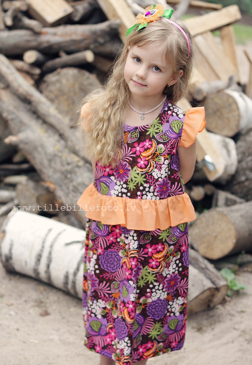 Girls dress summer ruffle sun flower pattern floral print Orange Purple Pink Green cotton Cap Wing sleeves OOAK 5 - 6 T toddler