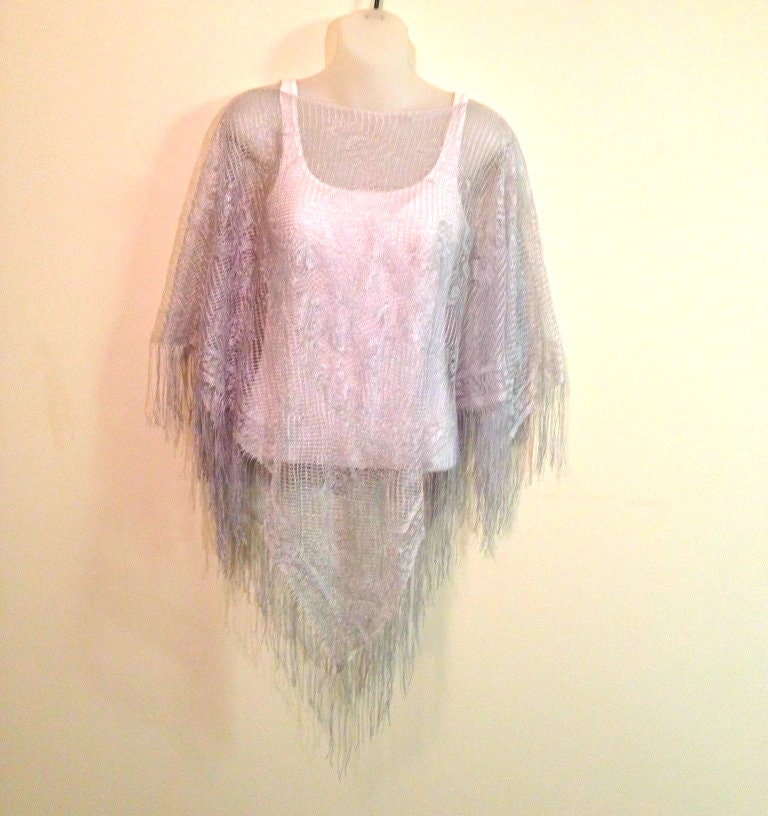 ethereal lace net mesh scarf blouse top light blue cape flower shawl fringe