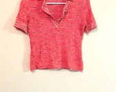 Peach short sleeved pink woven club kid  crop top raver designer  M Missoni blouse collared shirt 90s