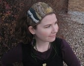 Crazy Patchwork Headband - Yellow Brown and Blue - Wearable art
