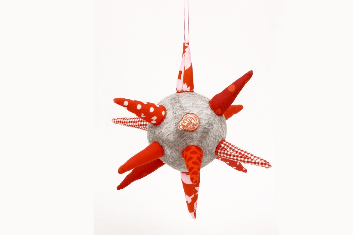 Teething toy ball or Star  - funky  gray ball all handmade Soft spikes in red,White and pink Checkered Floral & polka dots timohandmade