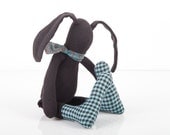 plush small black  rabbit wearing gray flowery scarf and checkered turquoise Stockings or boots -  handmade fabric eco Stuffed Doll
