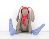 Easter Bunny  Small Bunny doll - Olive Gray rabbit doll  Wearing  red  Hood hat  and Blue Retro socks - Timohandmade fabric stuffed toy