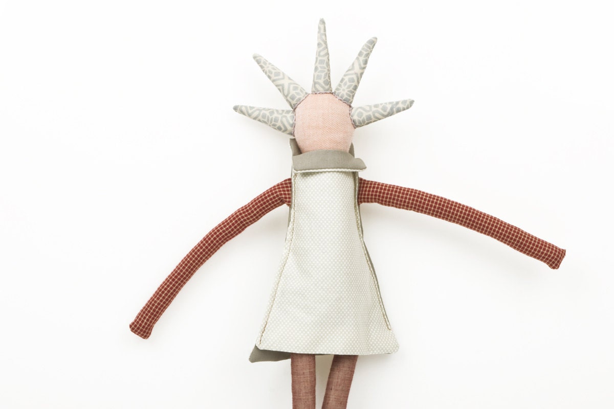 Eco modern rag doll ,ooak art doll -  funky handmade Peach, doll With cool Spikes Haircut , Dressed in natural tones, beige, brown , Maroon