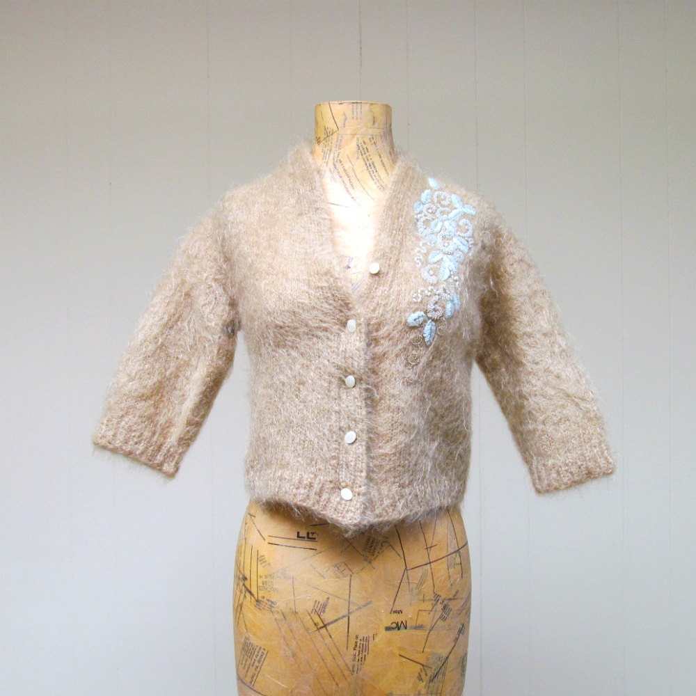 Vintage 1960s Beaded Sweater  / 60s Khaki Mohair Hand Knit Cardigan / Small - RanchQueenVintage