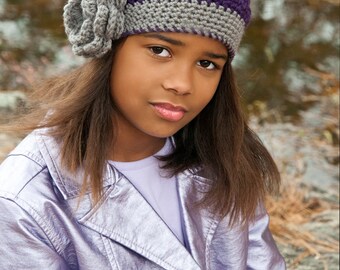 Purple Beanie with Flower, Textured Beanie with Rose, MADE TO ORDER, Infant to Child Size