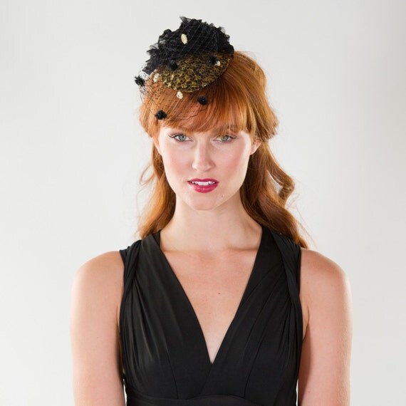Gold Metallic Polka-Dot Leopard Print Teardrop Cocktail Fascinator
