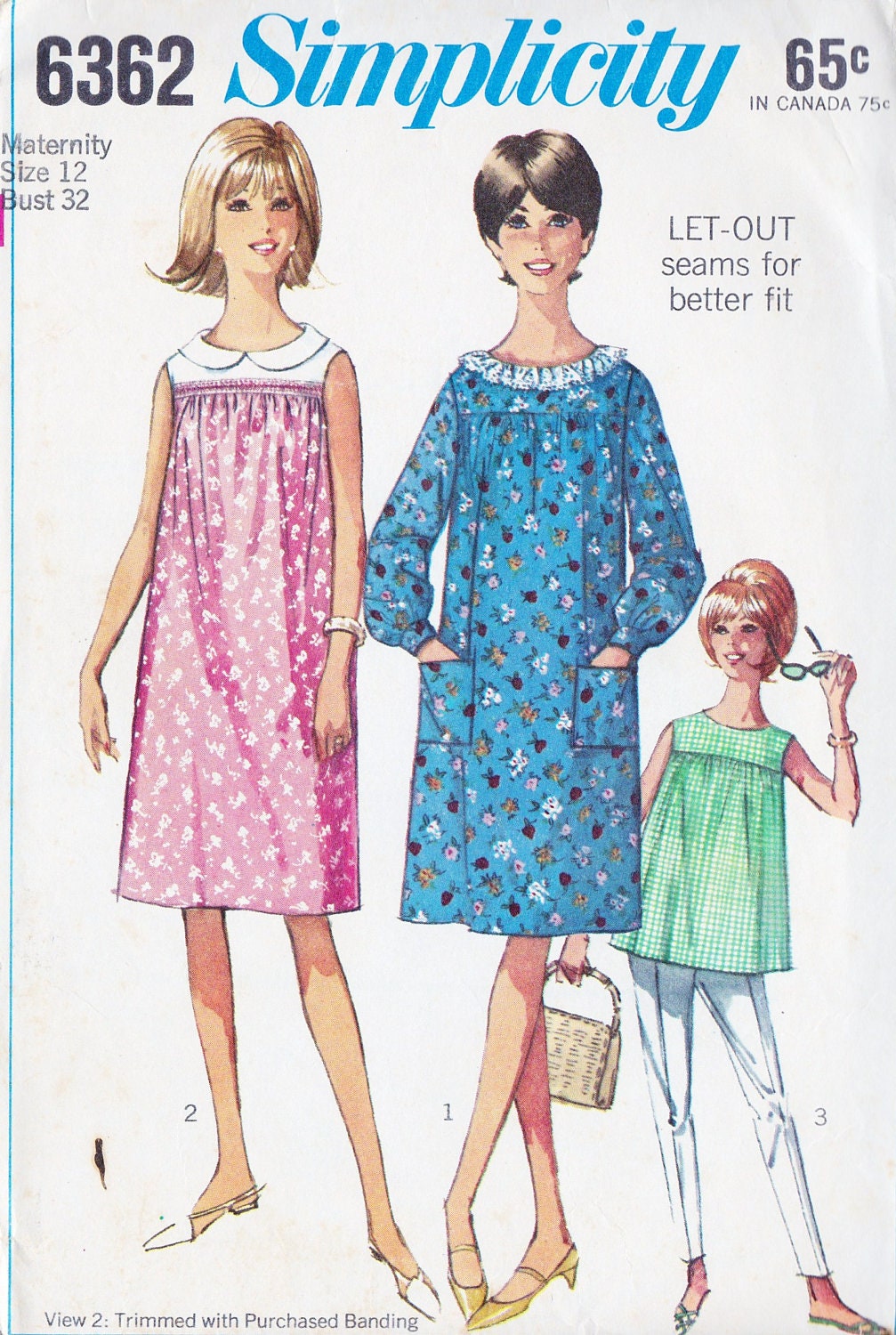 1960s One-Piece Maternity Dress or Top  Vintage Sewing Pattern, Simplicity 6362 Bust 32"