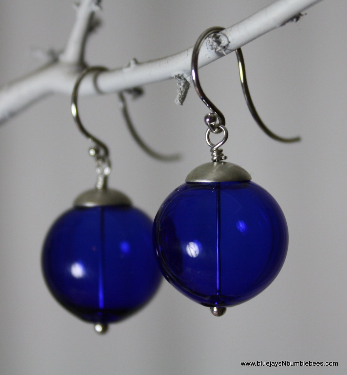 cobalt and sterling silver hand blown glass earrings