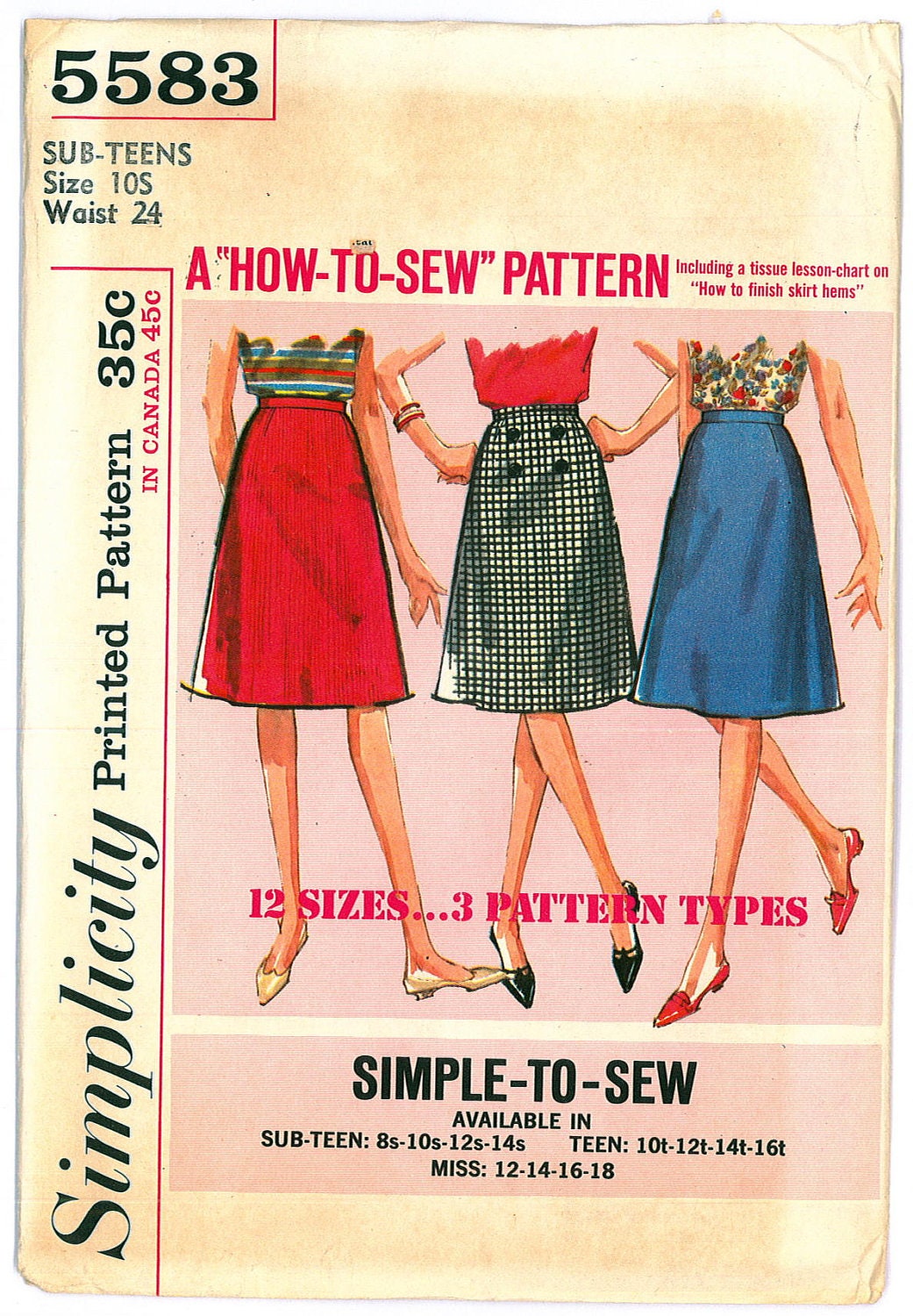 Vintage 1960s A Line Mod Skirt FACTORY FOLDED Sewing Pattern Simplicity 5583 Waist 24