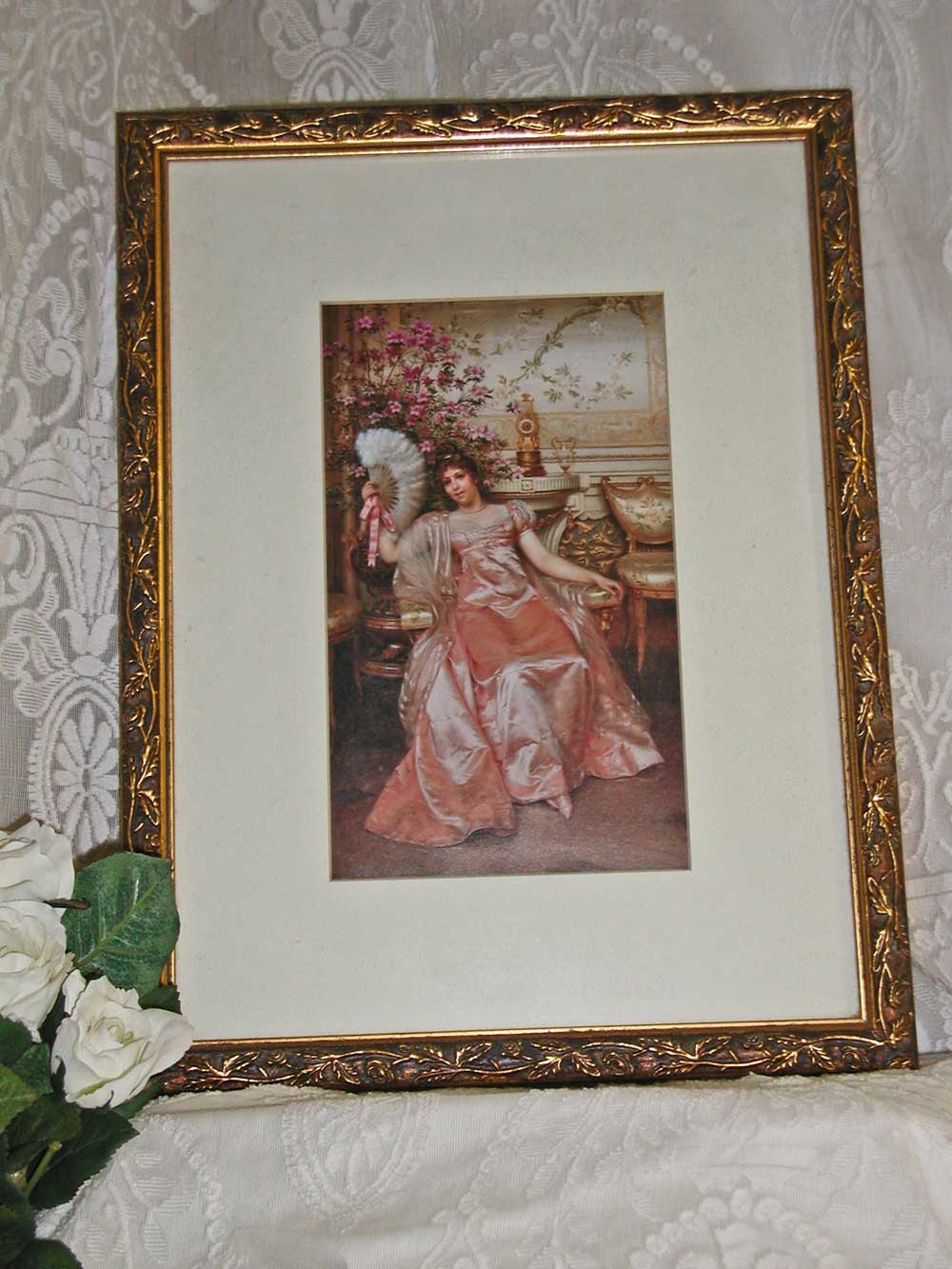 18th Century Style Print of Lady in Pink Gown in Wood Frame