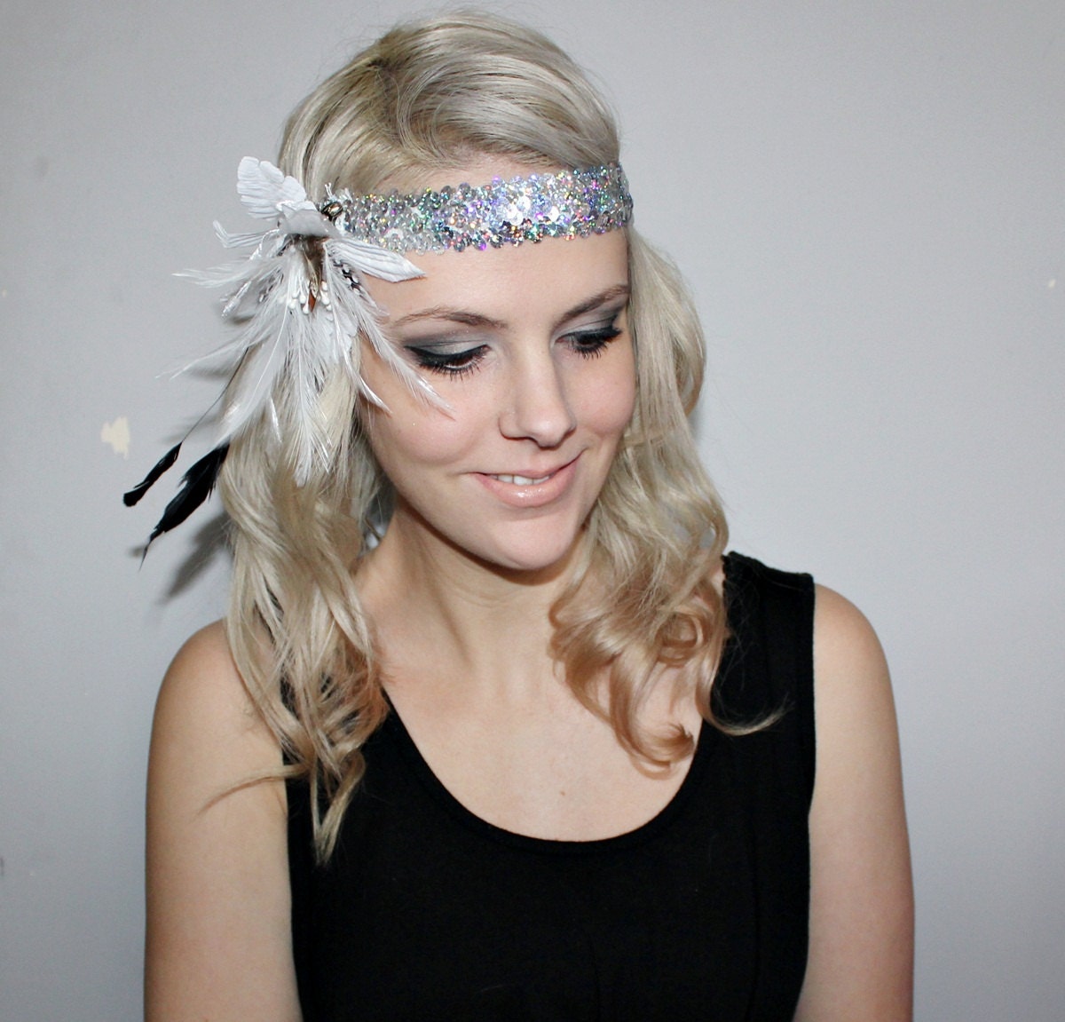 1920s white and silver feather flapper headband races PRE-ORDER