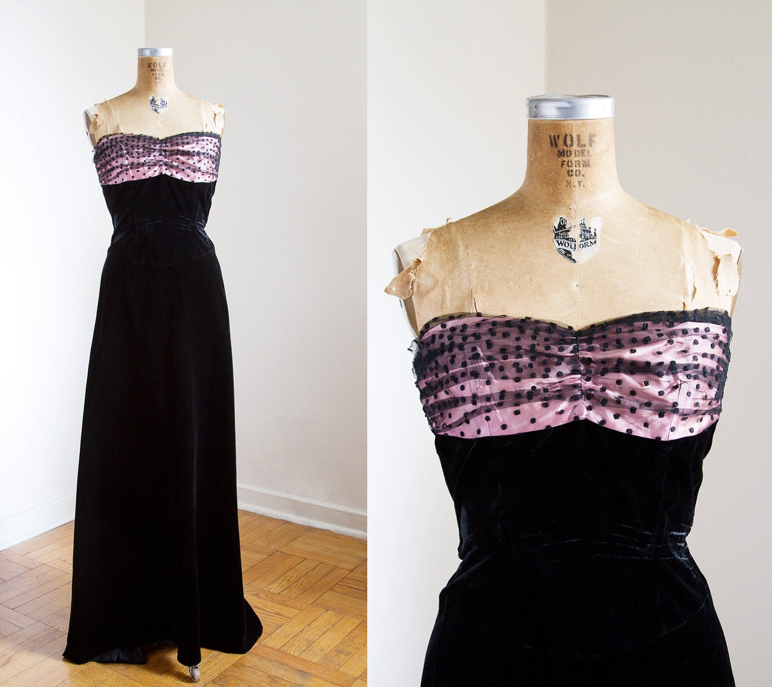 1950s Dress - 50s Dress - Strapless Black Velvet Evening Gown