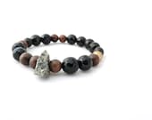 black agate BOHO bracelet with ebony wood, gold czech glass and pyrite crystal cluster. unique. on trend. modern jewelry.