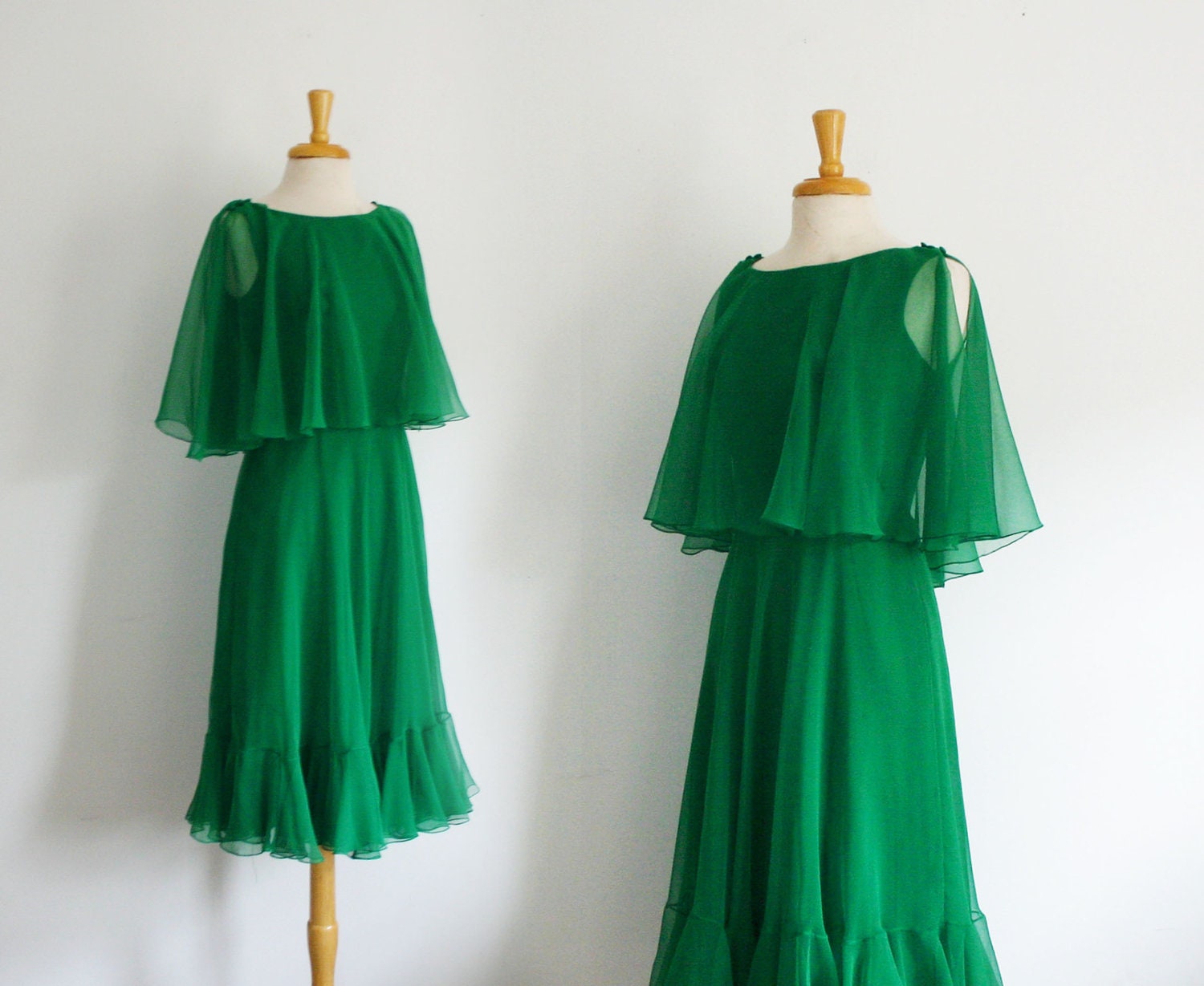 1970s kelly green midi dress with with sheer overlay size medium