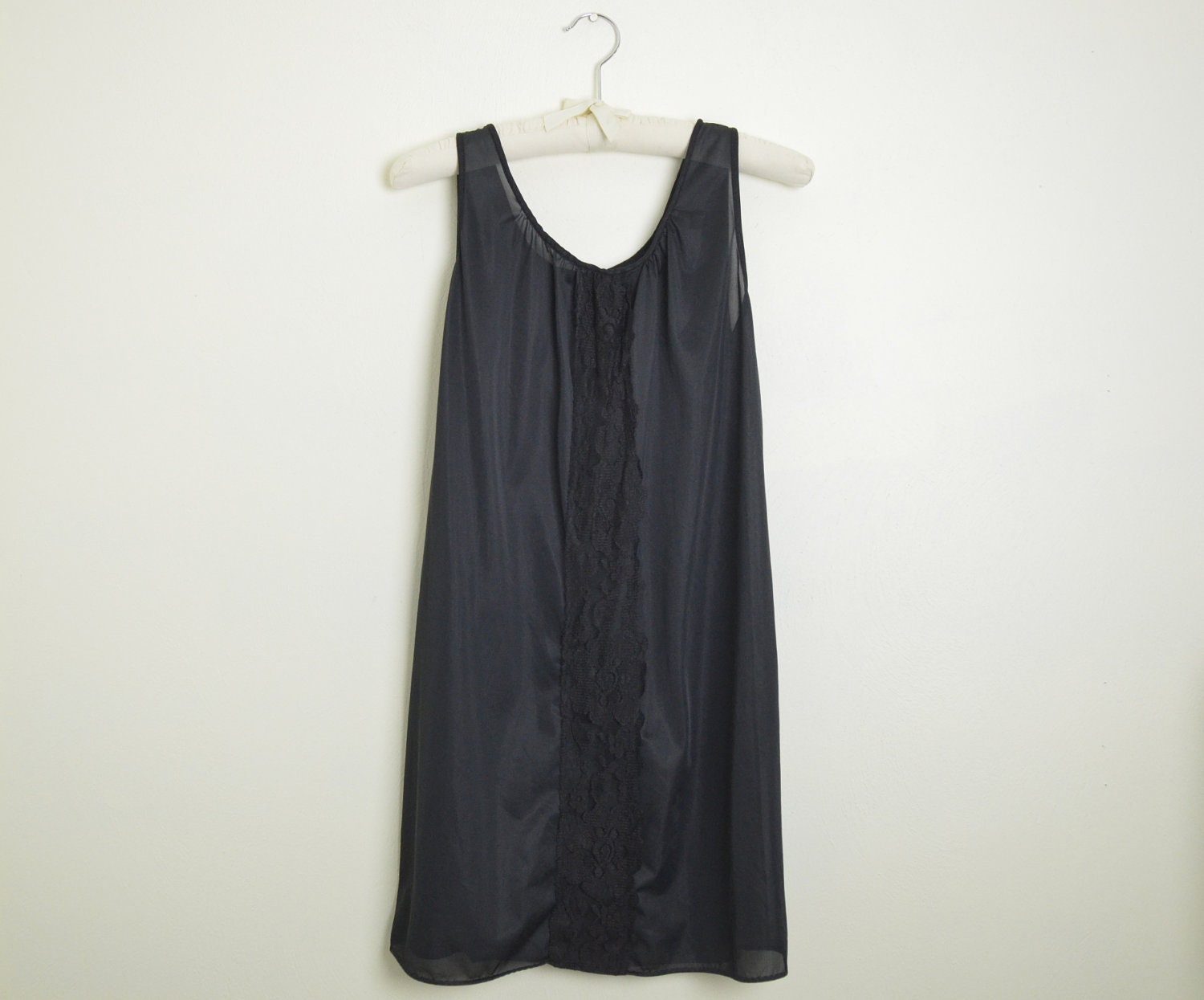 Black Night Gown / Vintage Lace Sheer Womens Nightie Size Small