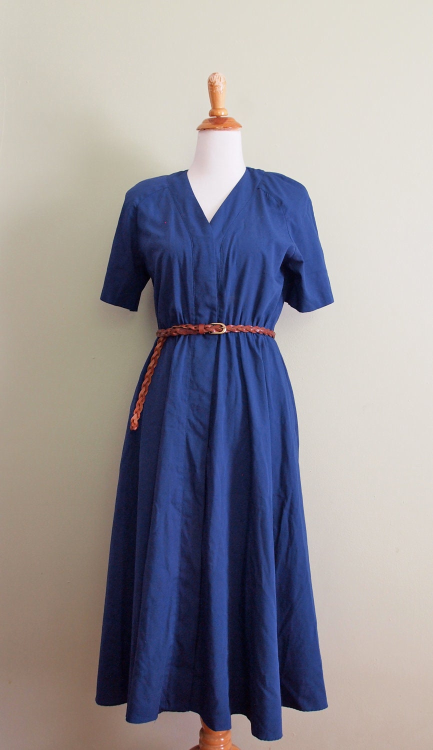 Vintage Wrap Style Dress in Navy Blue //  Faux Wrap Midi Day Dress