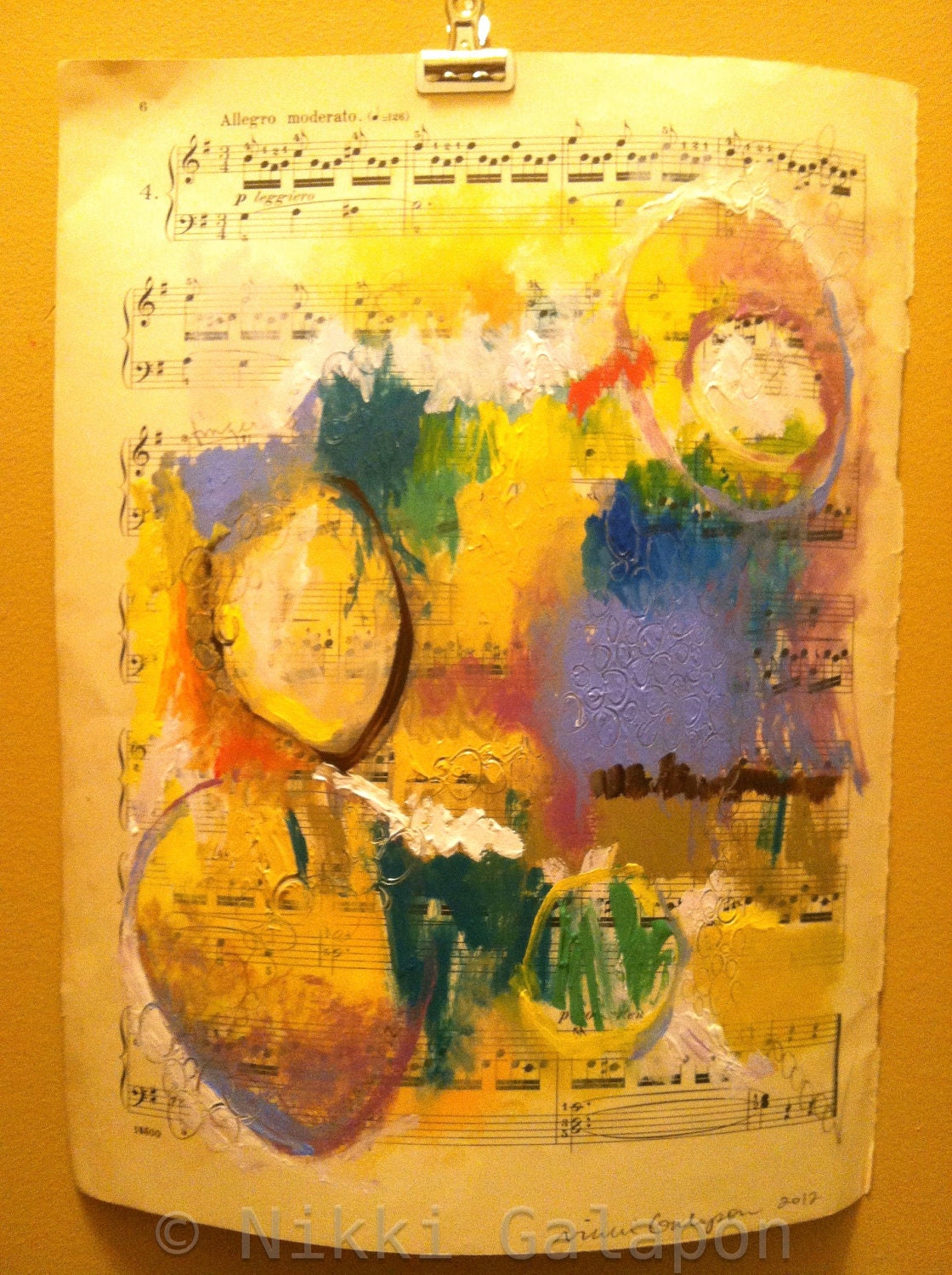 Original Abstract Expressionist Modern Art painting, acrylic paints and graphite on vintage sheet music page, 9"x12"