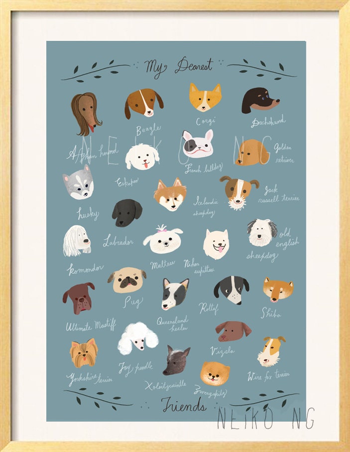 ABC  Dog Breeds Poster, 8 X10 , Dog Breed Names Begins at A to Z, dogs illustration art print