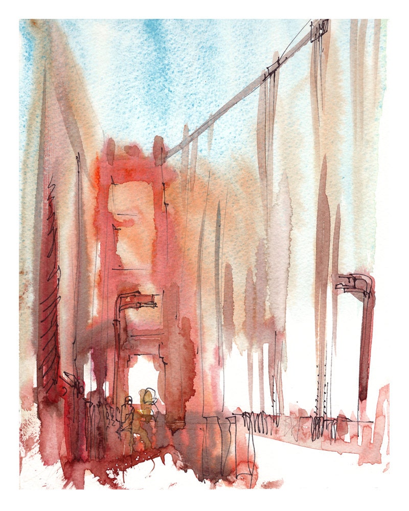 San Francisco golden Gate Bridge california Abstract watercolor sketch in orange, rust and gold - 8x10 print