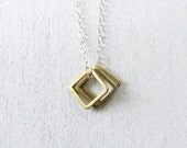 Geometric Square Necklace - Gifts Under 25 - Tiny Brass Squares and Sterling Silver - Short Layering Necklace - Simple Jewelry