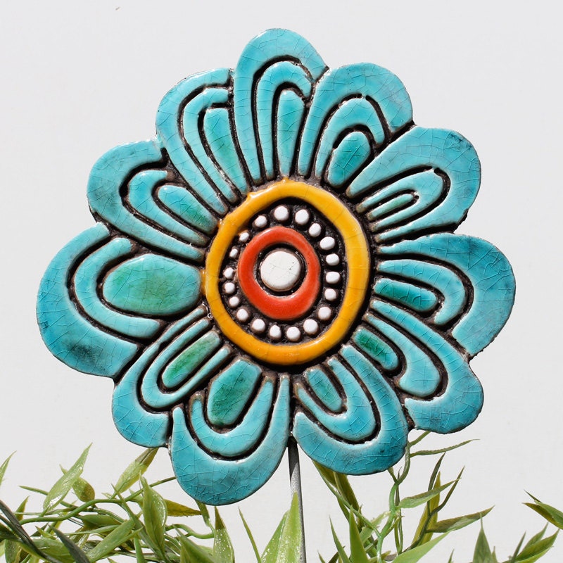 Flower garden decor- garden art- abstract plant stake - lawn ornament - ceramic and metal -hibiscus yellow