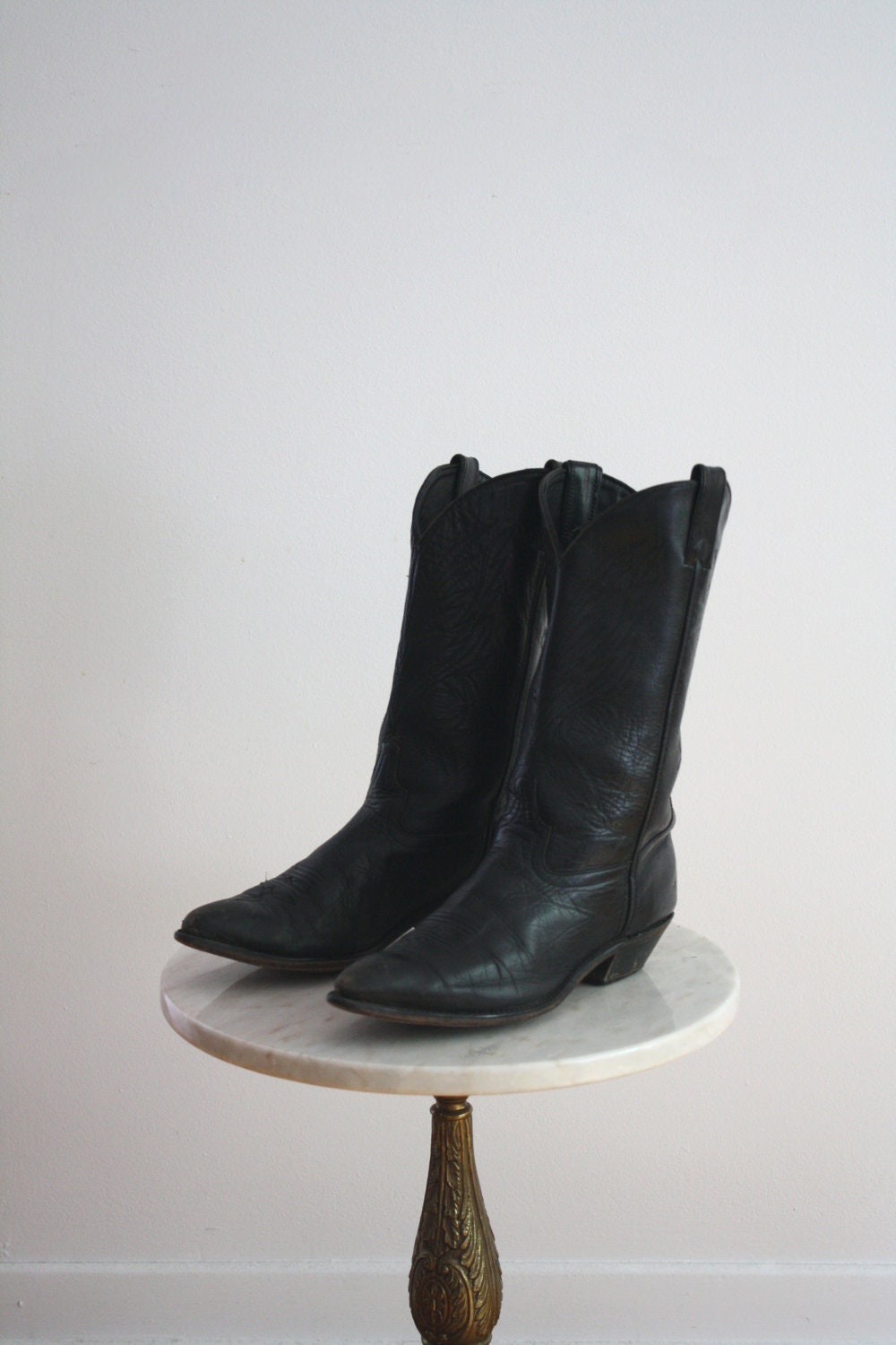 BLACK Cowboy Boots Leather Detailed - Women's 8 - 1970s VINTAGE