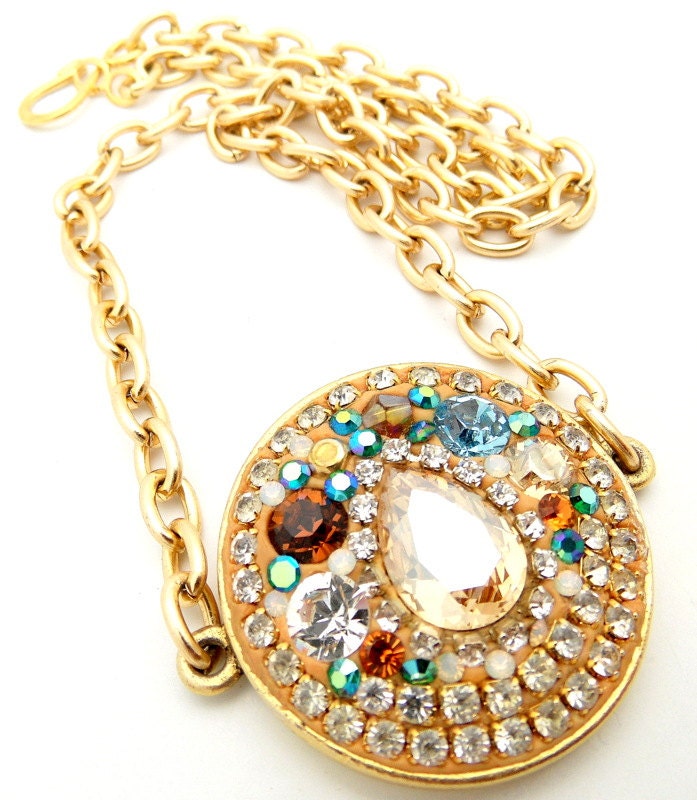 Swarovski Crystal Necklace with Colorful Pendant and Chunky Gold Chain