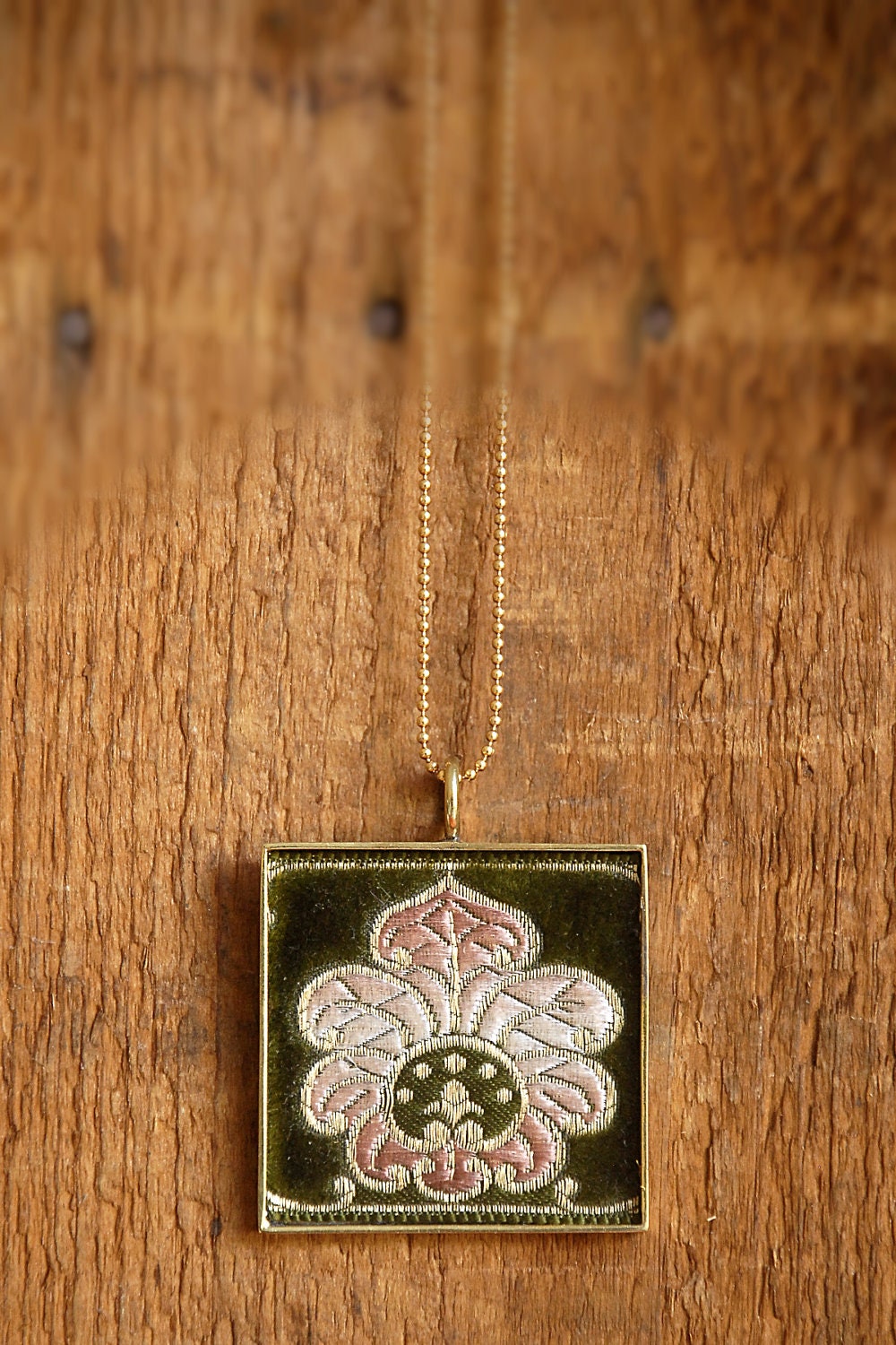 Handmade Antique French Ribbon Pendant Necklace,  Green Velvet Art Nouveau motif on gold chain