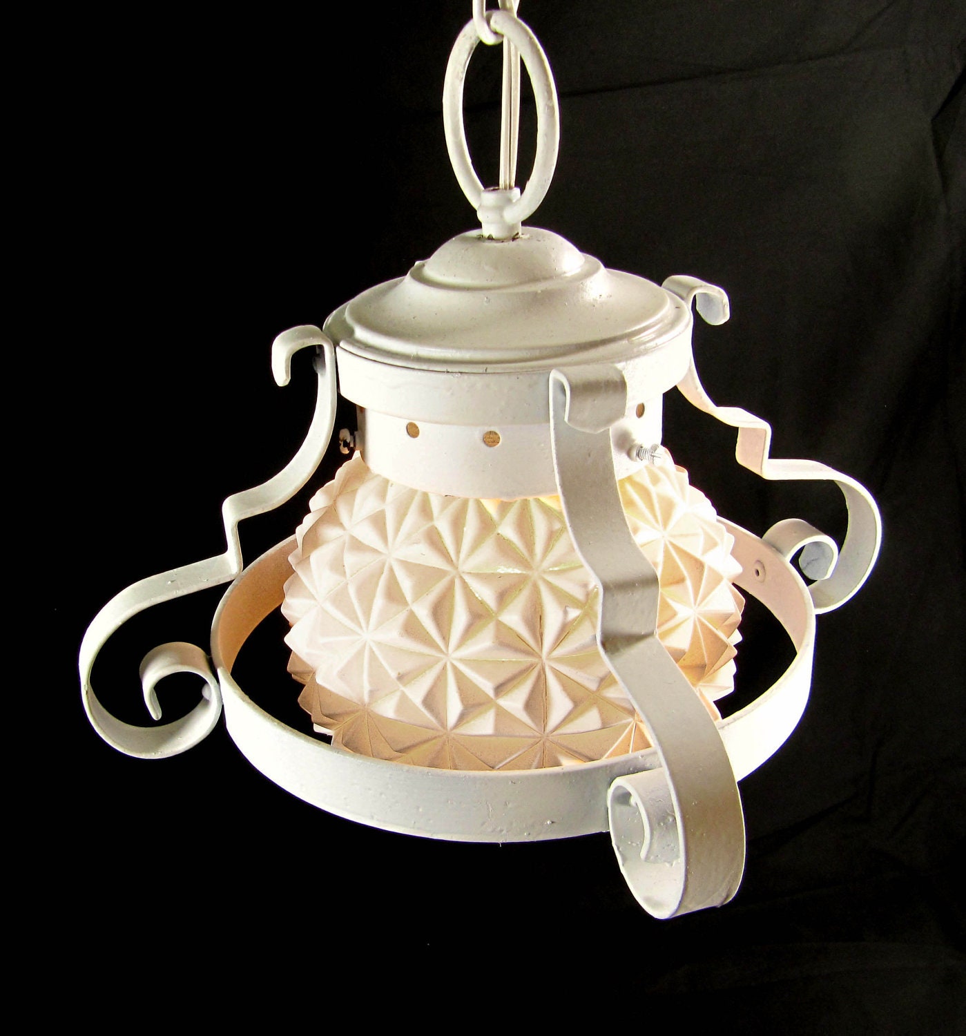 Reserved for Melissa White Pendant Glass Vintage Antique Diamond Cut Globe Hanging Lamp