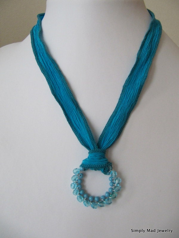Blue Silk Ribbon Necklace, Wire Wrapped Round Pendant (19748)