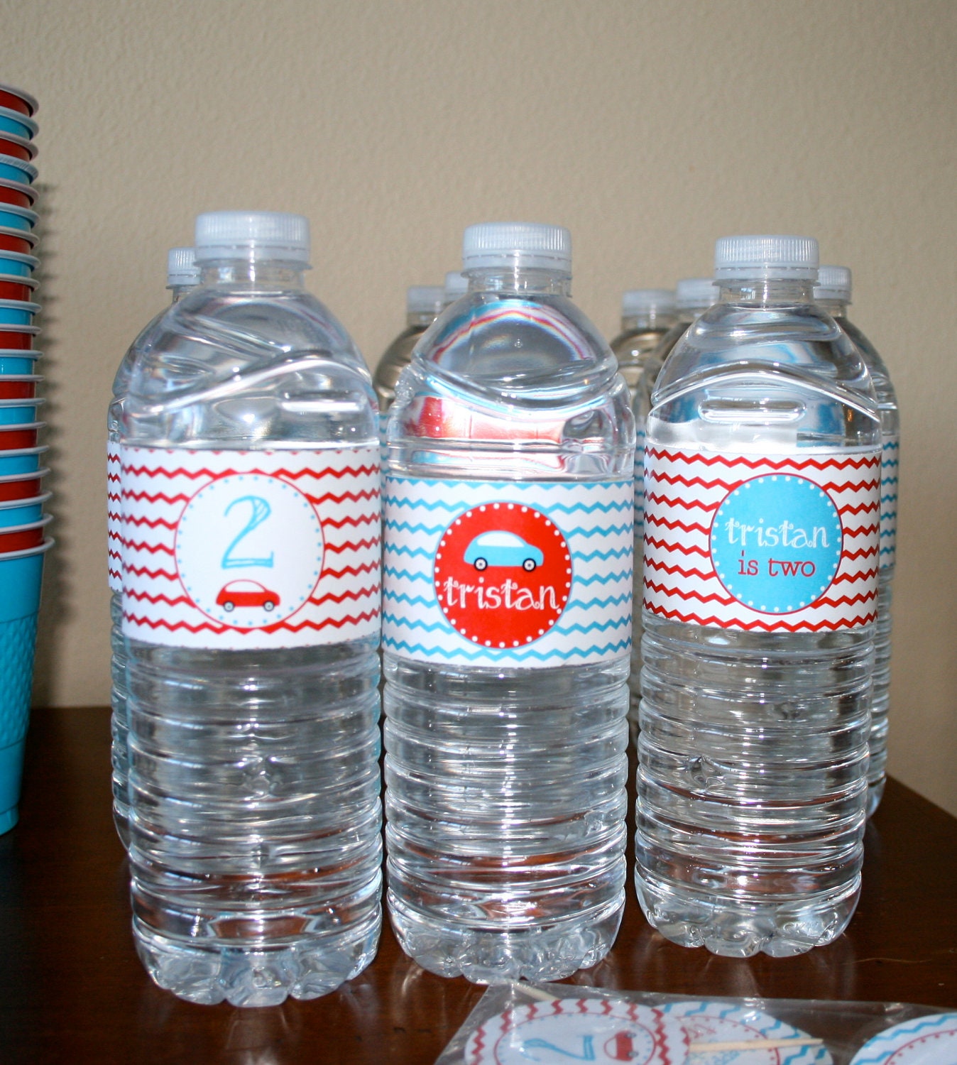 Aqua and Red Race Car- water bottle wrappers- print your own Il_570xn