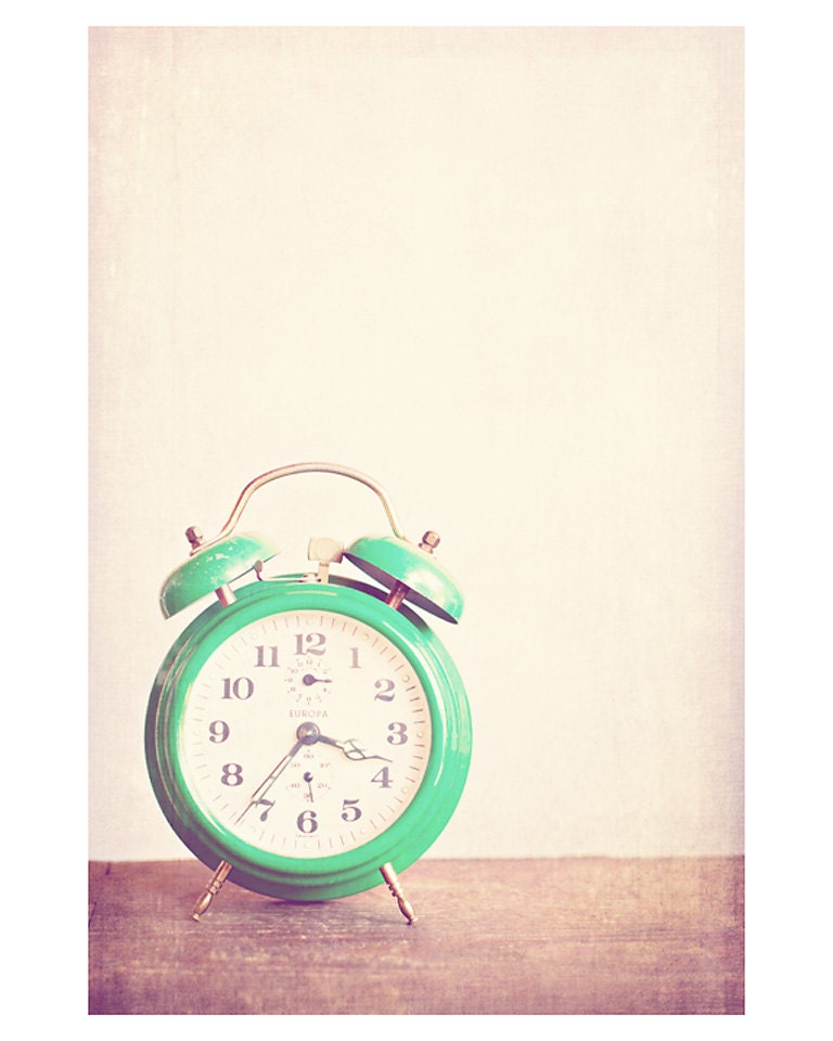 alarm clock green photo print - whimsical fine art still life photography, vintage inspired, nostalgic, time - 10x8