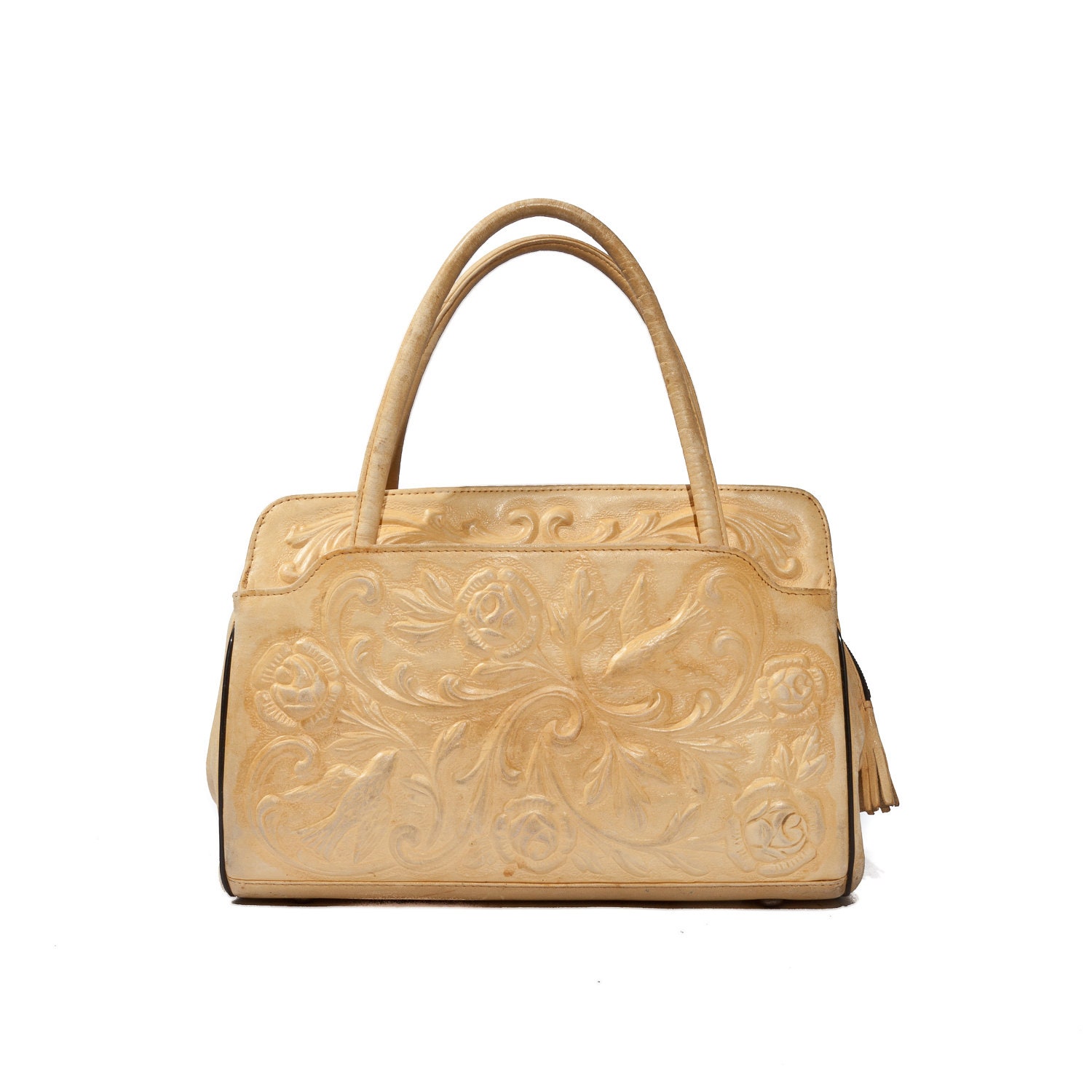 Vinage Tooled Leather Handbag Golden Peanut Brown Leather Made in Mexico