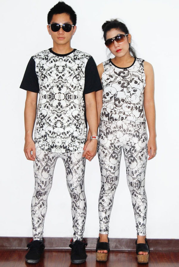 Special promotion costumes for women and men in skull print on creamy leggings