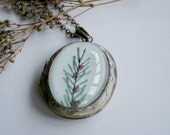 Oval Locket Antique Bronze Necklace - Glass Cabochon - Chamelaucium - Original Drawing