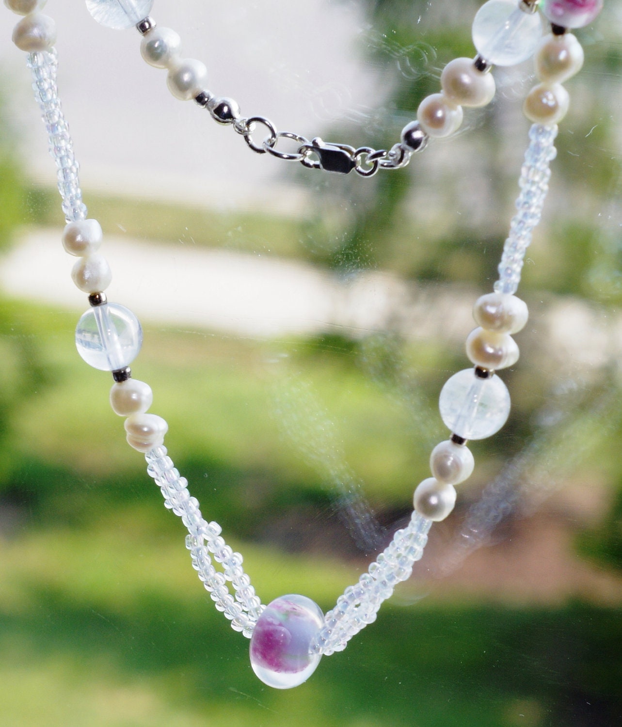 Pink floral lampwork and freshwater pearl necklace