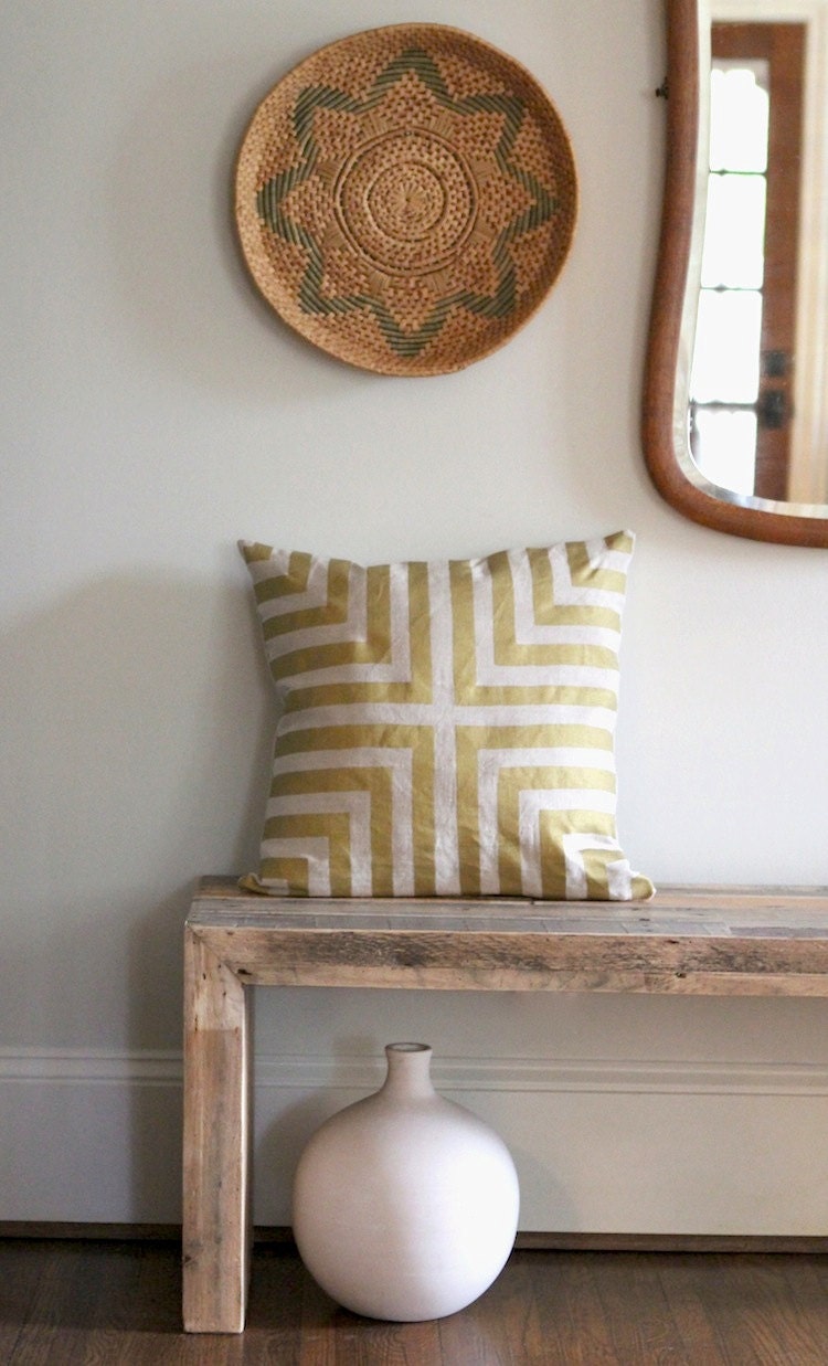 Doha pillow cover hand printed in metallic bronze gold on natural organic hemp 20x20