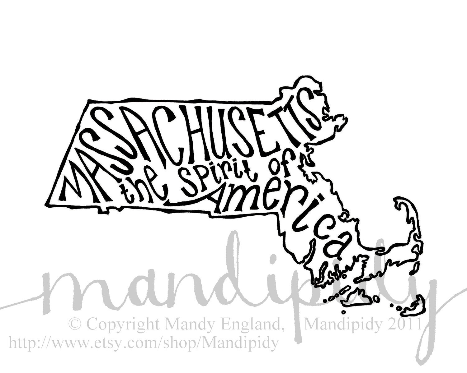 Massachusetts the Spirit of America - White Background - 8x10 Illustrated Print by Mandipidy