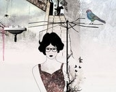 Illustration print, Limited Edition Print, Gothic collage art, Ink drawing , Illustration of woman