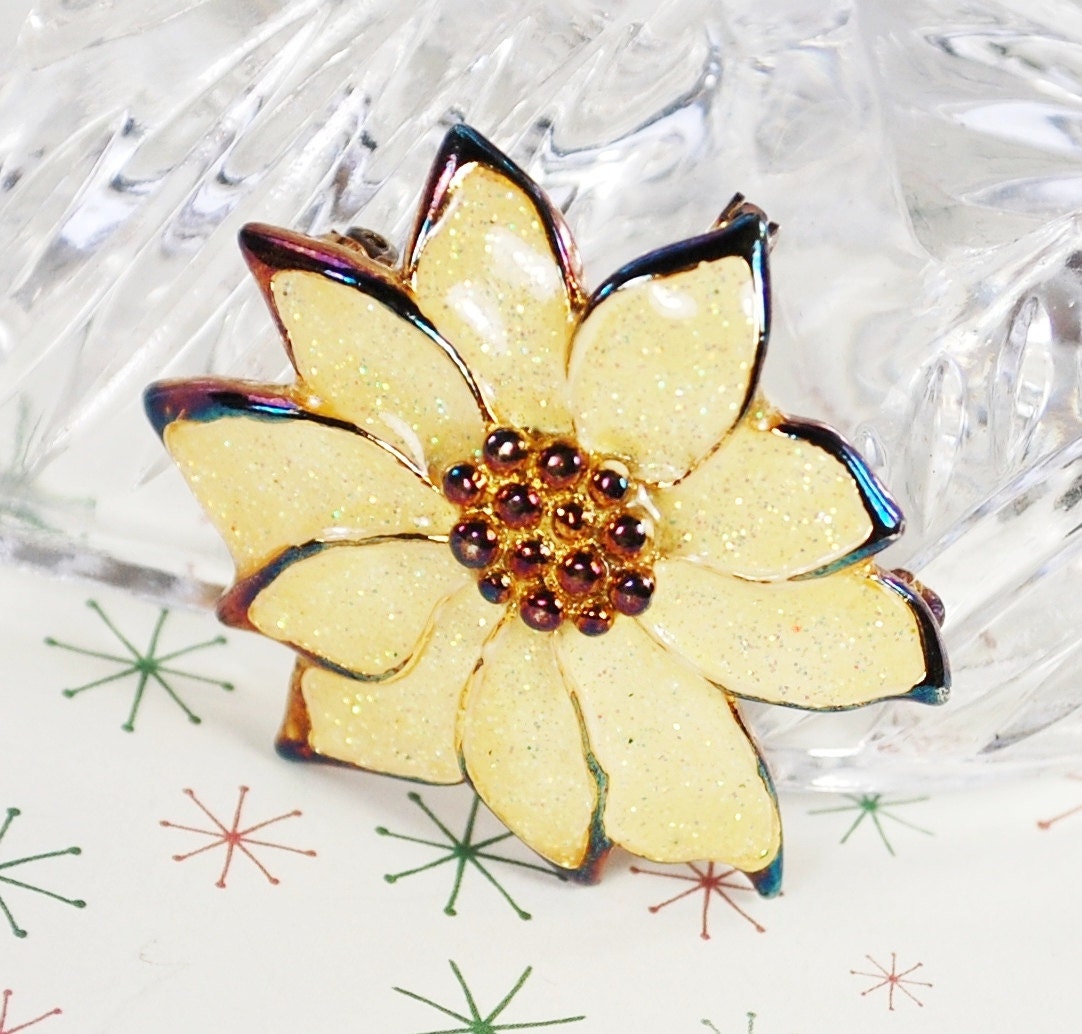 Vintage Christmas Brooch Pin, Necklace Pendant, Cream Glitter Enamel, Poinsettia Flower, Iridescent Pink Blue, 1980s Holiday Floral Jewelry